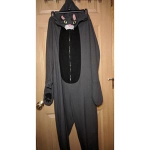 Black/gray cat onesie with paws and tail